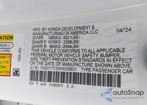 2024 Honda Accord Lx from USA, damaged, VIN 1HGCY1F20RA058803